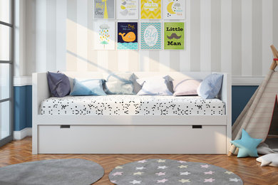 Foto de habitación infantil unisex de 1 a 3 años contemporánea con paredes beige, suelo de madera en tonos medios y suelo marrón