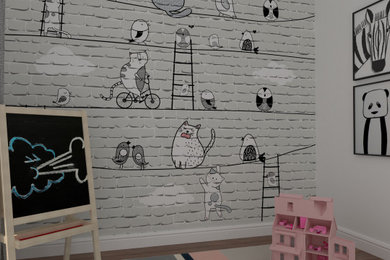 Diseño de dormitorio infantil de 4 a 10 años bohemio de tamaño medio con paredes grises
