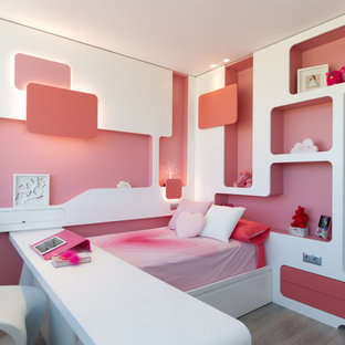 Foto de dormitorio infantil de 4 a 10 años, contemporáneo, con paredes blancas y suelo gris