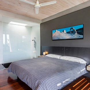 Foto de dormitorio principal, contemporáneo, de tamaño medio, sin chimenea, con paredes grises y suelo de madera oscura