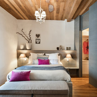 Diseño de dormitorio principal, de estilo de casa de campo, de tamaño medio, sin chimenea, con paredes blancas y suelo de madera en tonos medios