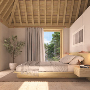 Modelo de dormitorio principal, moderno, de tamaño medio, con paredes blancas, suelo de piedra caliza y suelo beige
