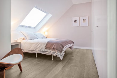 Ejemplo de dormitorio principal nórdico de tamaño medio sin chimenea con paredes beige, suelo de madera en tonos medios y techo inclinado