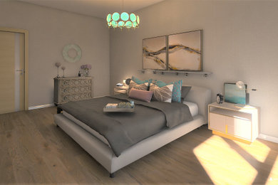Diseño de dormitorio principal bohemio con paredes beige y suelo de madera clara
