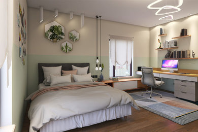 Imagen de dormitorio moderno de tamaño medio sin chimenea con paredes multicolor, suelo laminado y suelo marrón