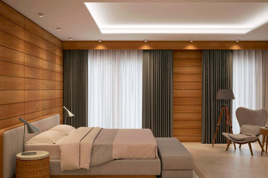 マドリードにある広いコンテンポラリースタイルのおしゃれな主寝室 (茶色い壁、セラミックタイルの床、ベージュの床)
