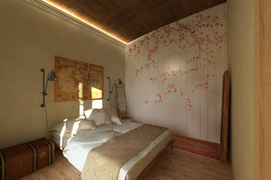 他の地域にある中くらいなインダストリアルスタイルのおしゃれな主寝室 (ベージュの壁、無垢フローリング、暖炉なし、茶色い床) のインテリア