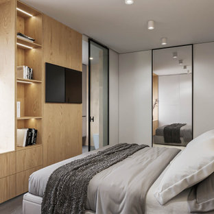 Foto de dormitorio principal y madera, moderno, de tamaño medio, madera, con paredes blancas, suelo de baldosas de porcelana, suelo gris y madera