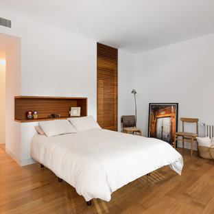 Foto de habitación de invitados vintage, grande, sin chimenea, con paredes blancas y suelo de madera en tonos medios