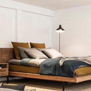 Diseño de dormitorio contemporáneo con paredes blancas, moqueta y suelo gris