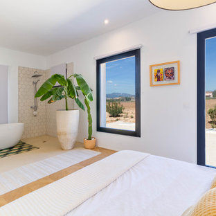 Imagen de dormitorio principal, mediterráneo, sin chimenea, con paredes blancas, suelo de madera clara y suelo beige