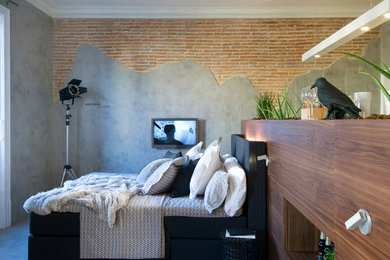 Imagen de dormitorio tipo loft urbano pequeño con paredes grises, suelo gris y suelo de cemento