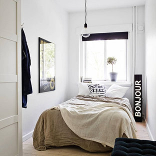 Ispirazione per una piccola camera degli ospiti scandinava con pareti bianche, parquet chiaro e nessun camino
