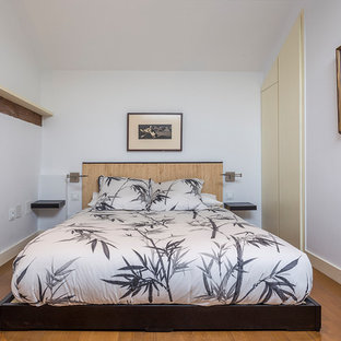 Imagen de habitación de invitados actual con paredes azules, suelo de madera en tonos medios y suelo marrón