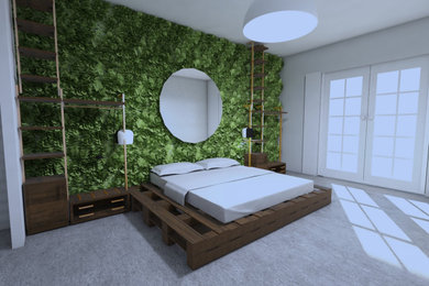 バルセロナにある小さなインダストリアルスタイルのおしゃれな主寝室 (緑の壁、コンクリートの床、暖炉なし、グレーの床) のインテリア