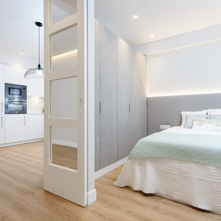 Foto de dormitorio actual, sin chimenea, con paredes blancas, suelo de madera clara y suelo beige