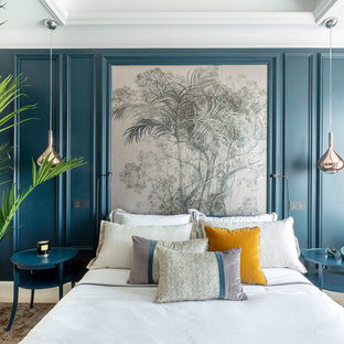 Foto de habitación de invitados contemporánea con paredes azules