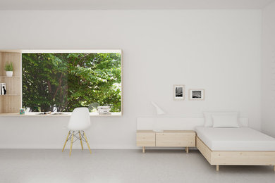 Modelo de dormitorio principal escandinavo de tamaño medio sin chimenea con paredes blancas