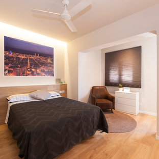 Diseño de dormitorio principal, contemporáneo, grande, con paredes grises, suelo de madera clara y suelo marrón