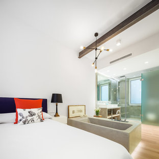 Modelo de dormitorio principal, actual, de tamaño medio, sin chimenea, con paredes blancas y suelo de madera clara