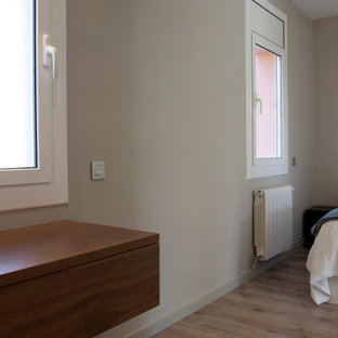 Foto de dormitorio principal, contemporáneo, de tamaño medio, con paredes grises, suelo laminado, chimeneas suspendidas y marco de chimenea de metal