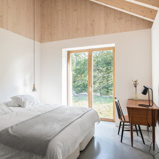 Diseño de dormitorio principal, escandinavo, de tamaño medio, sin chimenea, con paredes blancas, suelo de cemento y suelo gris