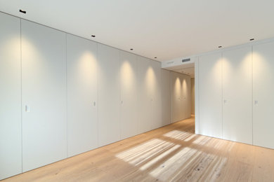 Imagen de dormitorio moderno de tamaño medio con paredes blancas, suelo de madera clara y suelo marrón