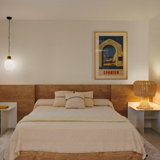 Diseño de dormitorio tipo loft, contemporáneo, de tamaño medio, con paredes blancas, suelo de cemento y suelo gris
