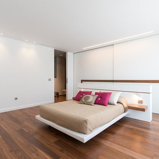 Diseño de dormitorio principal, contemporáneo, grande, con paredes blancas, suelo de madera en tonos medios y suelo marrón