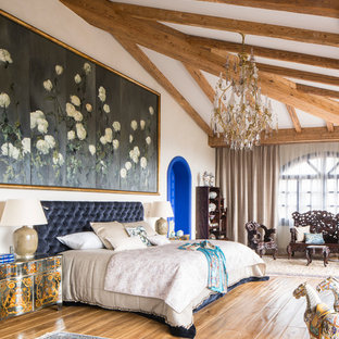 Imagen de dormitorio principal, bohemio, extra grande, sin chimenea, con paredes blancas, suelo de madera en tonos medios y suelo marrón
