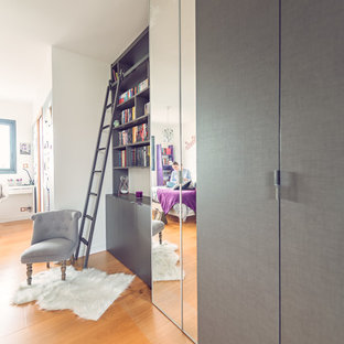 Foto di un armadio o armadio a muro per donna industriale di medie dimensioni con ante grigie, parquet chiaro e ante lisce