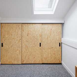 Immagine di un armadio o armadio a muro unisex industriale di medie dimensioni con ante a filo, ante in legno chiaro, moquette e pavimento grigio