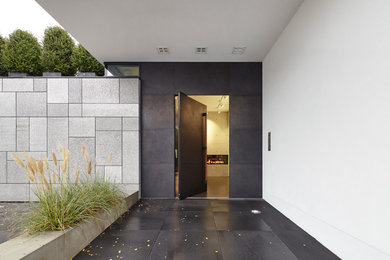 This is an example of a medium sized contemporary front door in Cologne with white walls, slate flooring, a pivot front door, a black front door and black floors.