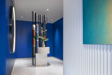 Moderner Eingang mit blauer Wandfarbe und vertäfelten Wänden in Stuttgart