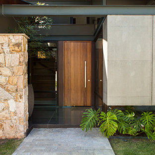 Modelo de puerta principal contemporánea con paredes grises, puerta simple y puerta de madera en tonos medios