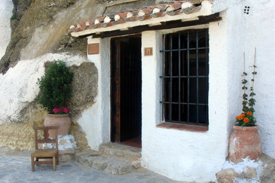 他の地域にある低価格の小さなラスティックスタイルのおしゃれな玄関ドア (白い壁) の写真