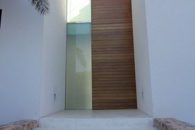Modelo de puerta principal actual de tamaño medio con paredes blancas, puerta simple y puerta de madera en tonos medios