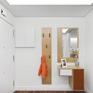 Diseño de entrada actual con paredes blancas, suelo de madera oscura, puerta simple, puerta blanca y suelo marrón