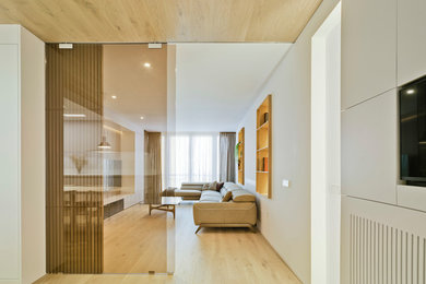 Ejemplo de hall actual con suelo de madera clara, puerta corredera, puerta de vidrio y suelo beige