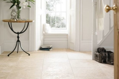 Entry hall - contemporary travertine floor entry hall idea in Other with white walls