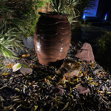 Aquascape Scalloped urn installation with lights and fire fountain