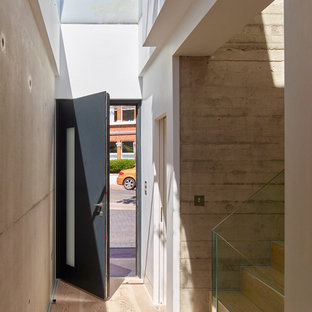 Inspiration for a modern foyer in London with grey walls, light hardwood flooring, a single front door, a black front door and beige floors.