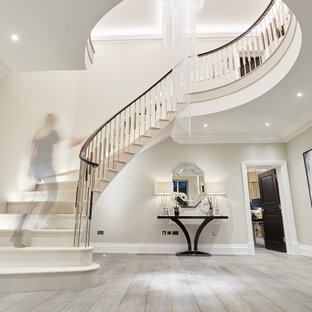Idée de décoration pour une très grand entrée minimaliste avec un couloir, un mur blanc, un sol en bois brun, une porte double, une porte noire, un sol gris et un plafond à caissons.