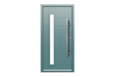 Diseño de entrada contemporánea grande con puerta simple y puerta azul
