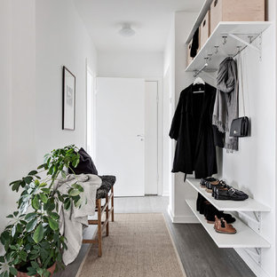 Idéer för att renovera en minimalistisk entré, med vita väggar, mörkt trägolv och grått golv