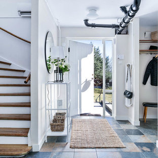 Minimalistisk inredning av en mellanstor entré, med vita väggar och flerfärgat golv
