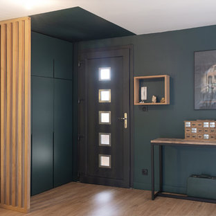 Esempio di un ingresso con anticamera design di medie dimensioni con pareti verdi, una porta singola e una porta grigia