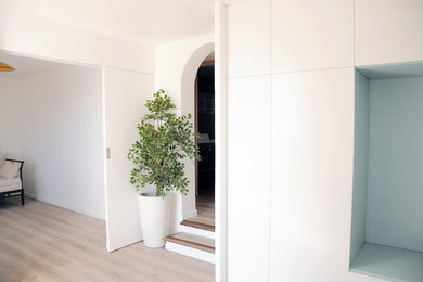 Inspiration pour une entrée design de taille moyenne avec un couloir, un mur blanc, une porte double et une porte blanche.