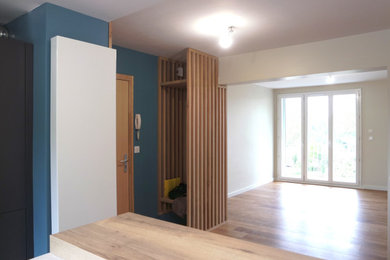 Ejemplo de distribuidor escandinavo de tamaño medio con paredes azules, suelo de madera en tonos medios, puerta simple y puerta de madera clara