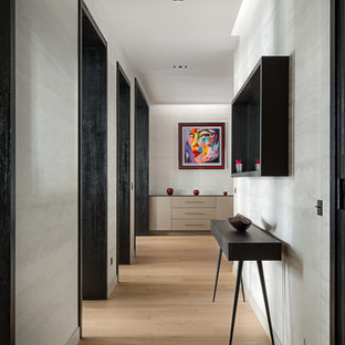 Idée de décoration pour une très grand entrée design avec un couloir, un mur gris, un sol en bois brun et un sol marron.